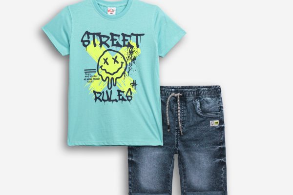 Σετ Μπλούζα & Βερμούδα  Τζιν Αγόρι 6-16 Ετών – Street Rules – Τυρκουάζ/Μπλε Τζιν