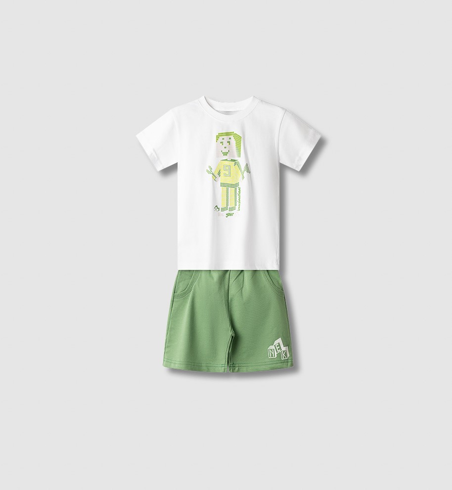 Σετ Μακό Αγόρι Nek Kids Wear 2-6 Ετών με Λευκή Μπλούζα & Πράσινη Βερμούδα